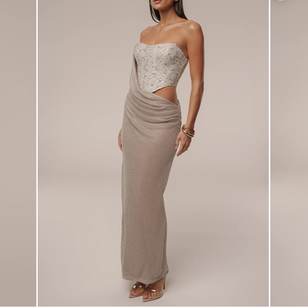 NEW with tags strapless Taupe-Beige Evening Gown with Draped Cutout Skirt JLUXE